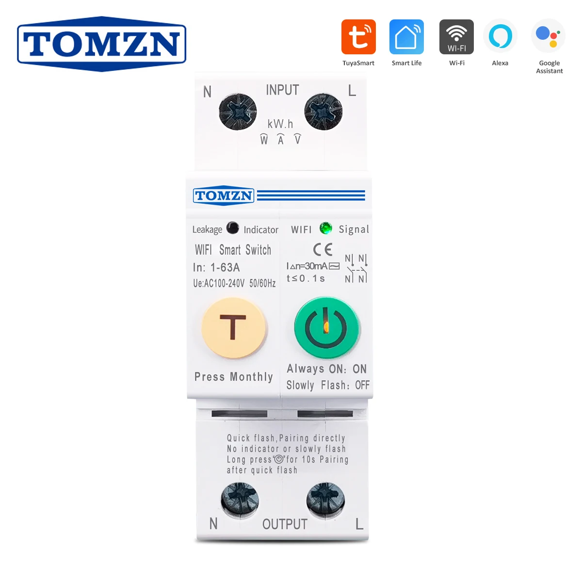 TOMZN 63A smartlife 2P WIFI Smart Switch Energy Meter Kwh Metering Monitoring Circuit Breaker Timer Relay MCB TUYA