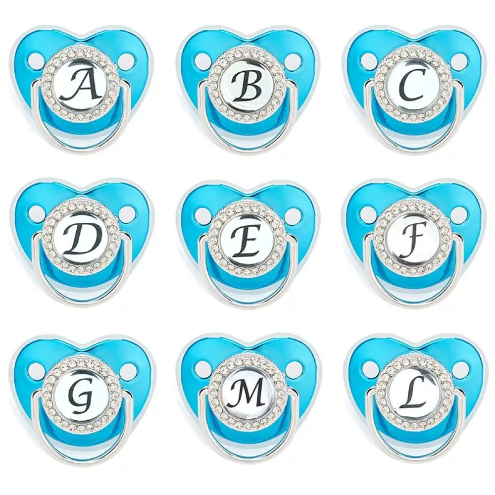 New blue 26-letter metal soother with dust cap Drilled pacifier photo accessory Baby teether toy without chain