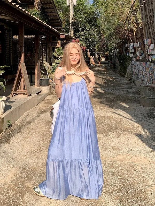 

Женское летнее платье больших размеров без рукавов, синее, А-силуэт, новый стиль, для отдыха, модное, с высокой талией, из полиэстера, с эффектом пэчворк