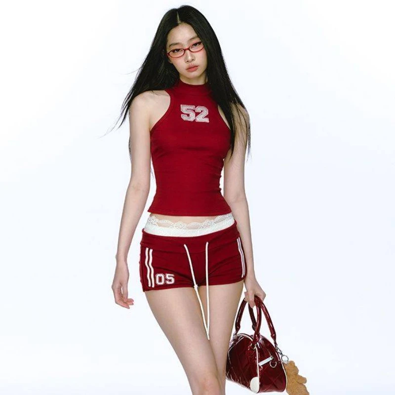 American summer new ins spicy girl slim fit sports vest, female sexy drawstring shorts, female fashion two-piece set