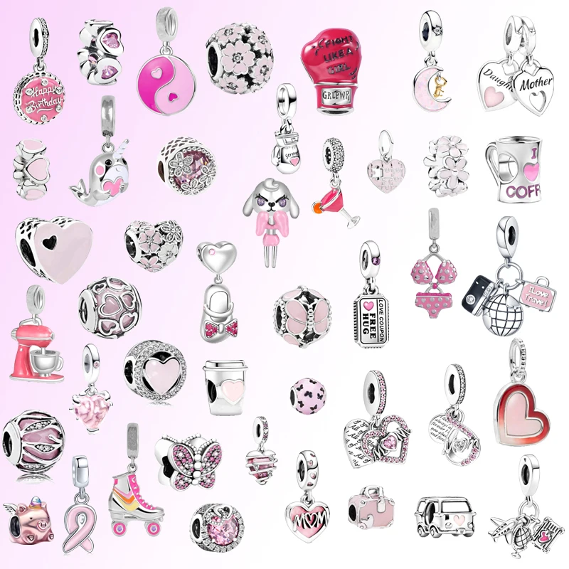 New Pink Series Heart Shaped Pendant Flower Coffee Bus Tall Cup Charm Beads Fit Original Pandora 925 Silver Bracelet DIY Jewelry