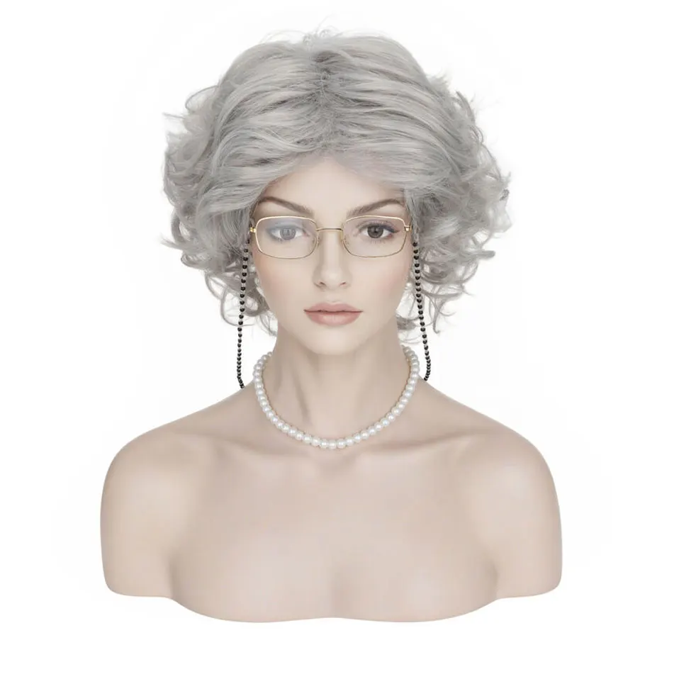 Synthetic 7 Pieces Set Elderly Woman Wig Costume Accessories for Halloween Cosplay Gray Hair Grandma Wig Funny Old Lady Party
