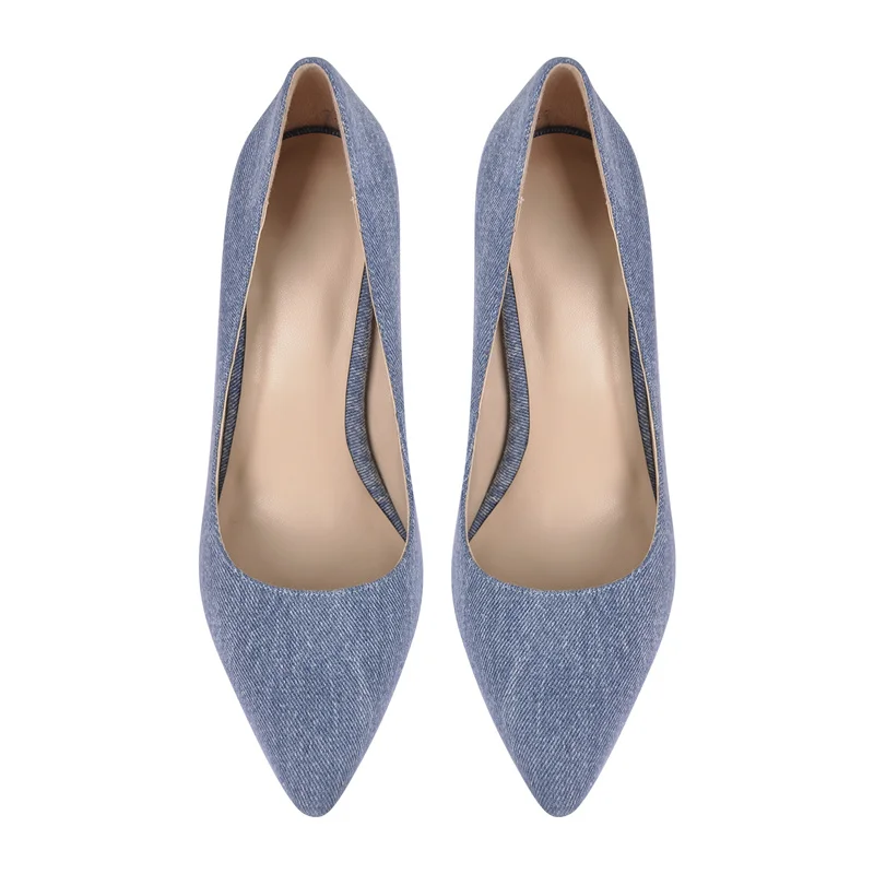 Onlymaker Women Pointed Toe Denim Pumps Elegant Evening Dress Large Size Basic Shoes Slip On Stiletto Heels