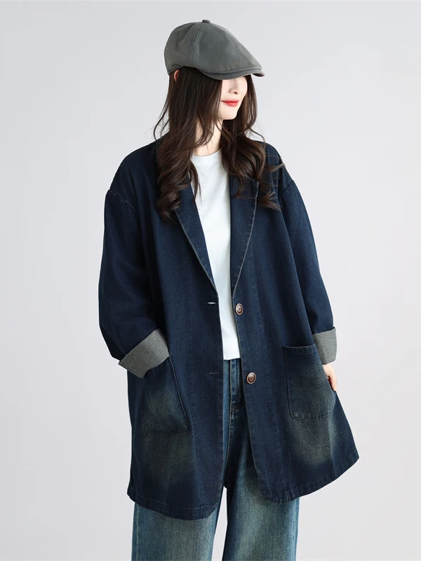 Women's Loose Long Sleeve Denim Jacket Washed out Vintage Style Casual Wear Cotton 100% Comfortable Fit Autumn Fashion