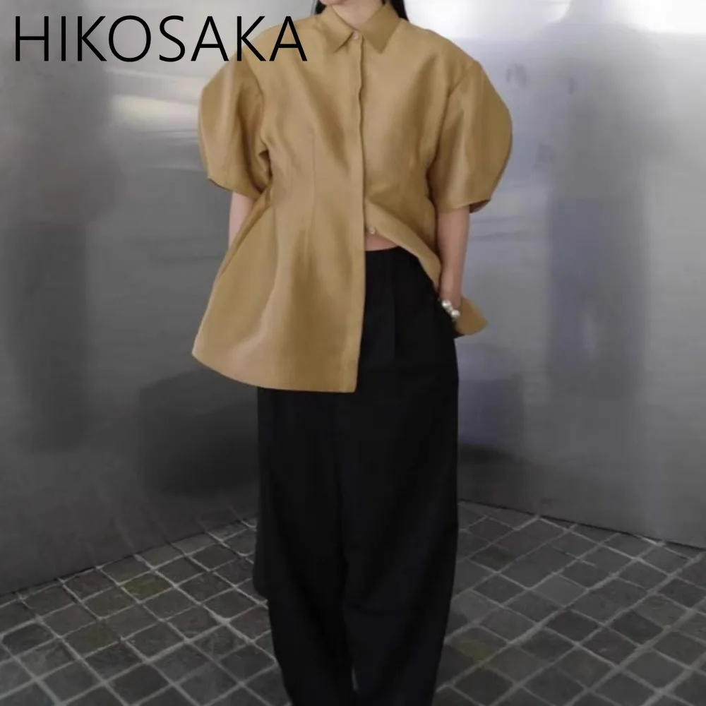 

Turn-down Collar Puff Sleeve Blouse Shirts Office Lady Elegant Single Breasted Solid Top Spring Summer All-match Blusas Mujer