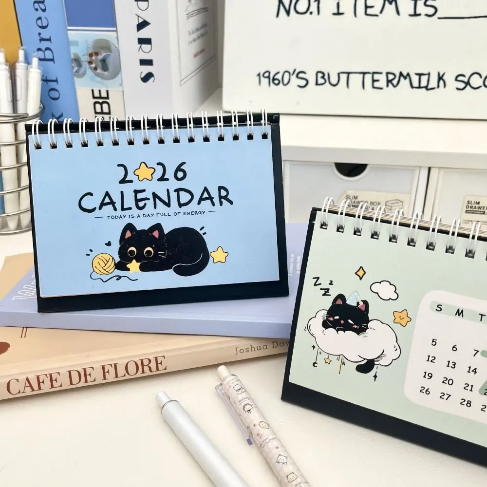 Simple Coil 2026 Desk Calendar Portable Desktop Decoration Mini Calendar Cute Cat Schedule Planner Office School Supplies