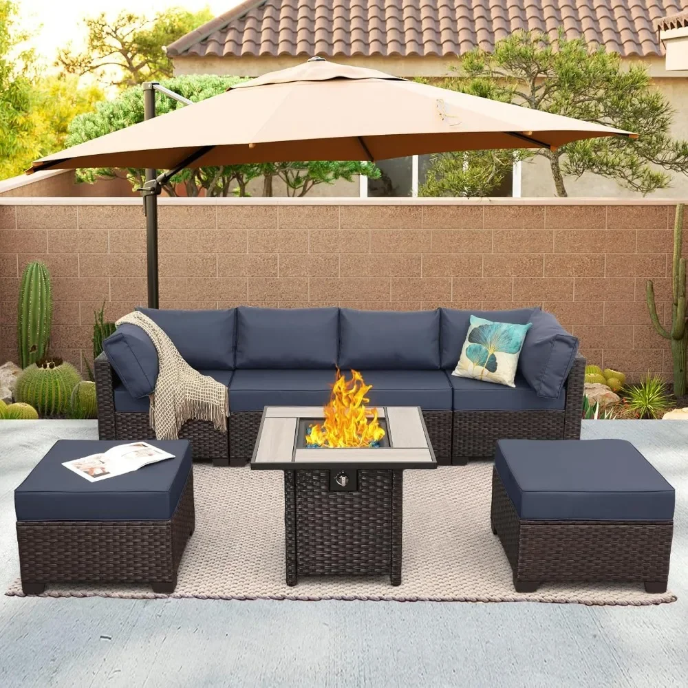 

Outdoor Patio Furniture Sectional Sofa Brown Rattan Conversation Couch with PE Wicker Propane Fire Pit Table Non-Slip