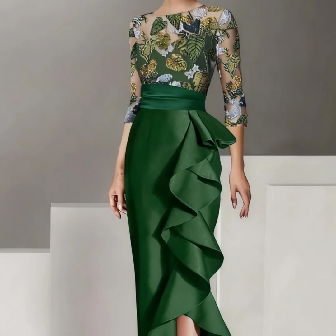 فساتين أم العروس أنيقة مزينة بالزهور بأكمام وطيات وأردية البوق Invitee Mariage مخصصة