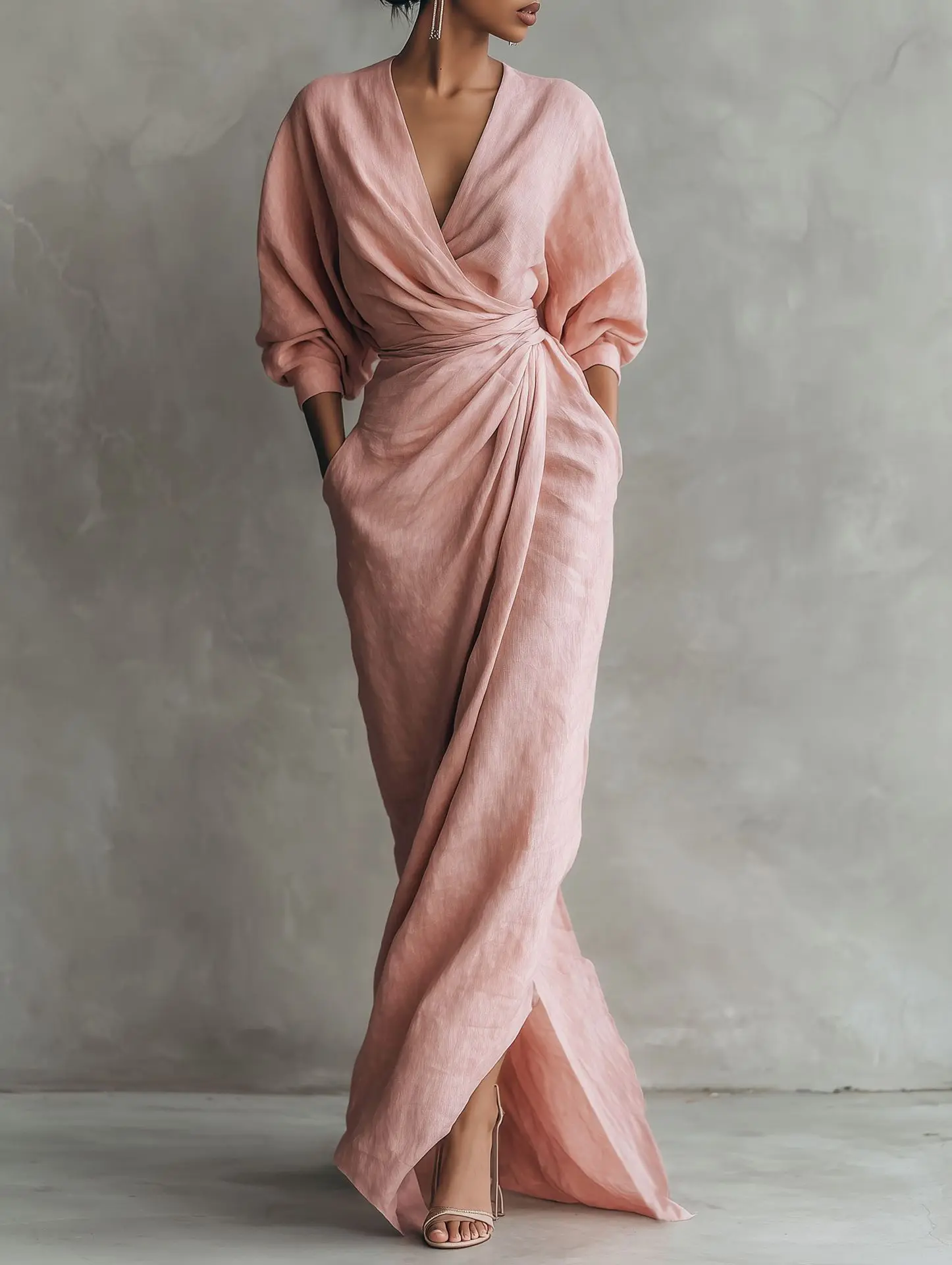 

Women Linen Blend Wrap Maxi Dress V-Neck Batwing Sleeve Waist Knot Side Slit Elegant Formal Party Bridesmaid Dress