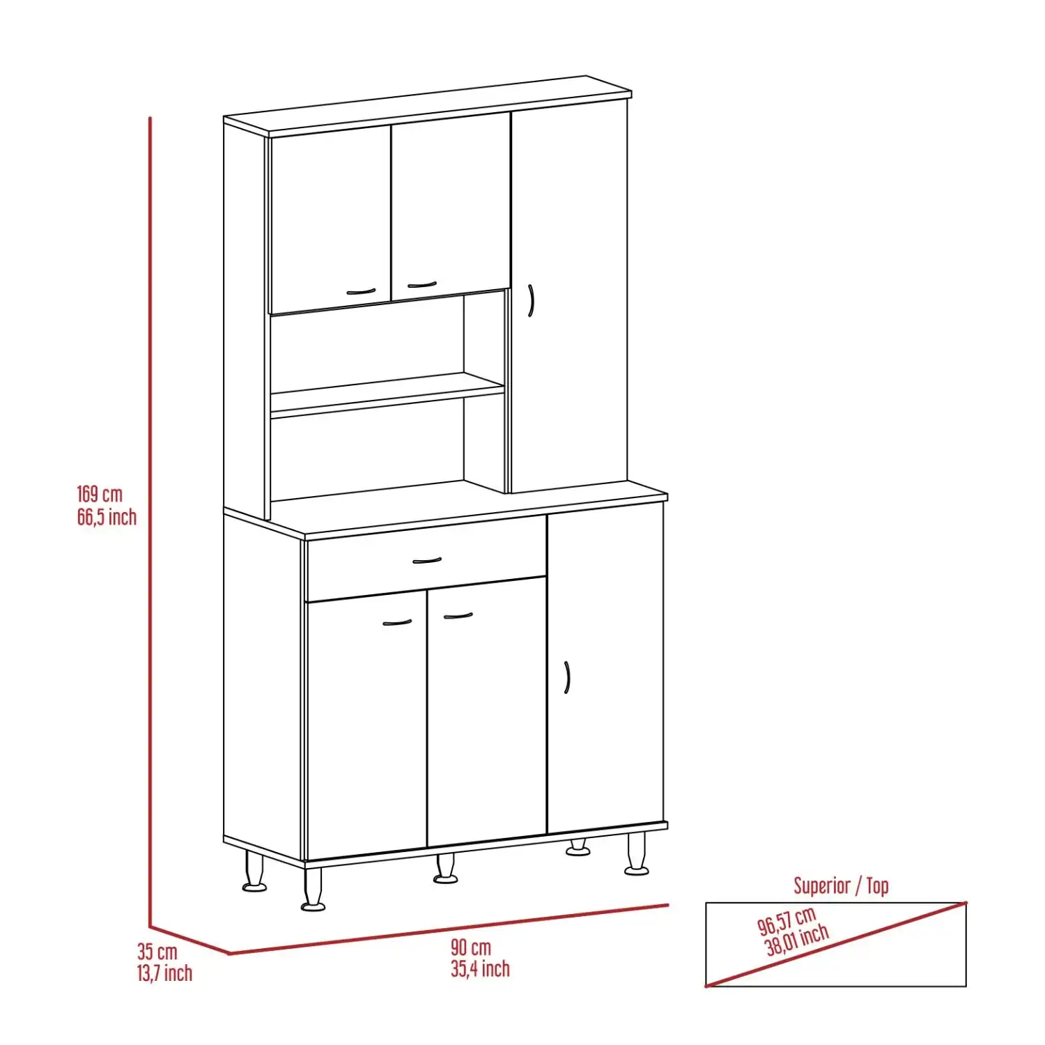 Della 90 Kitchen Pantry, One Drawer, Multiple Cabinets, Two Open Shelves Black