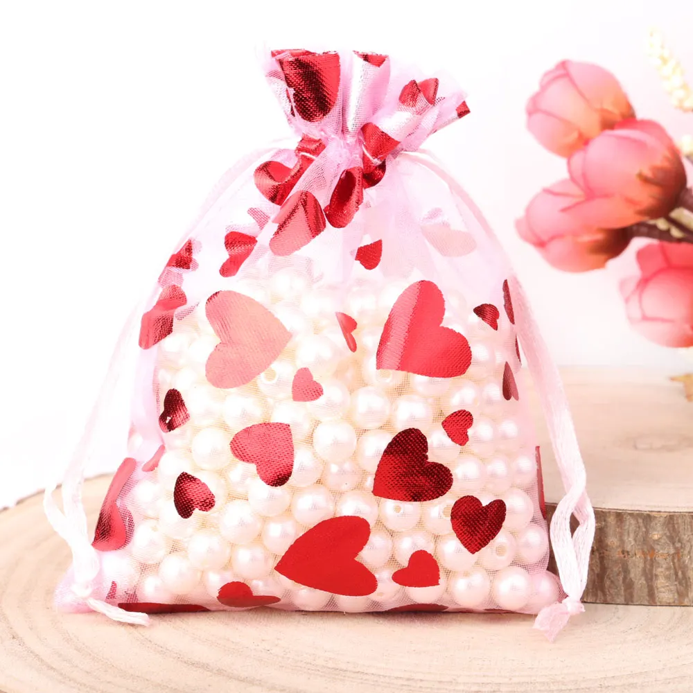 50pcs/Lot 13x18cm PLovely Heart Organza Bag Party Package Present Pouch