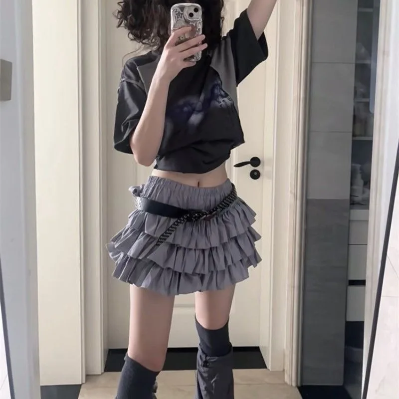 Womens Elastic Waist Tiered Ruffle Mini Skirt Rivet Belt Decor High Waist Harajuku Casual Cake Skirt