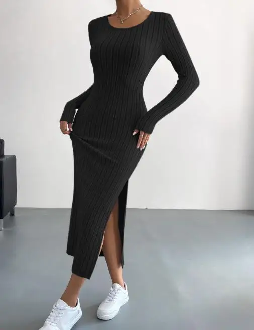 

Women's Dress Spring New Fashionable Elegant Sexy Style Solid Color Round Neck Waist Drawback Strip Knitted Split Dress