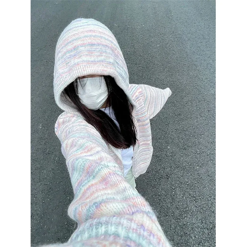 Y2K Striped Knitted Cardigan Women Oversized Hooded Sweater Coat Streetwear Korean Zipper Knitwear Harajuku Sweet Casual Jumper