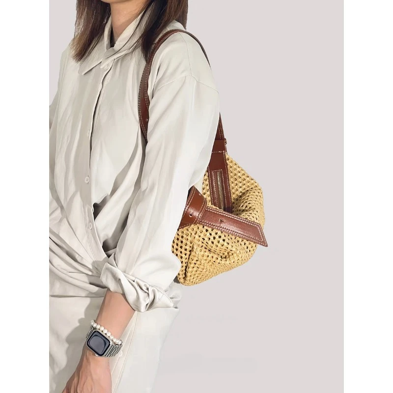 Leather Hollow Crossbody Bag Woven Bag Beach Style Zipper Handbag Retro Leisure Wallet Clutch Bag 명품가방 미니백