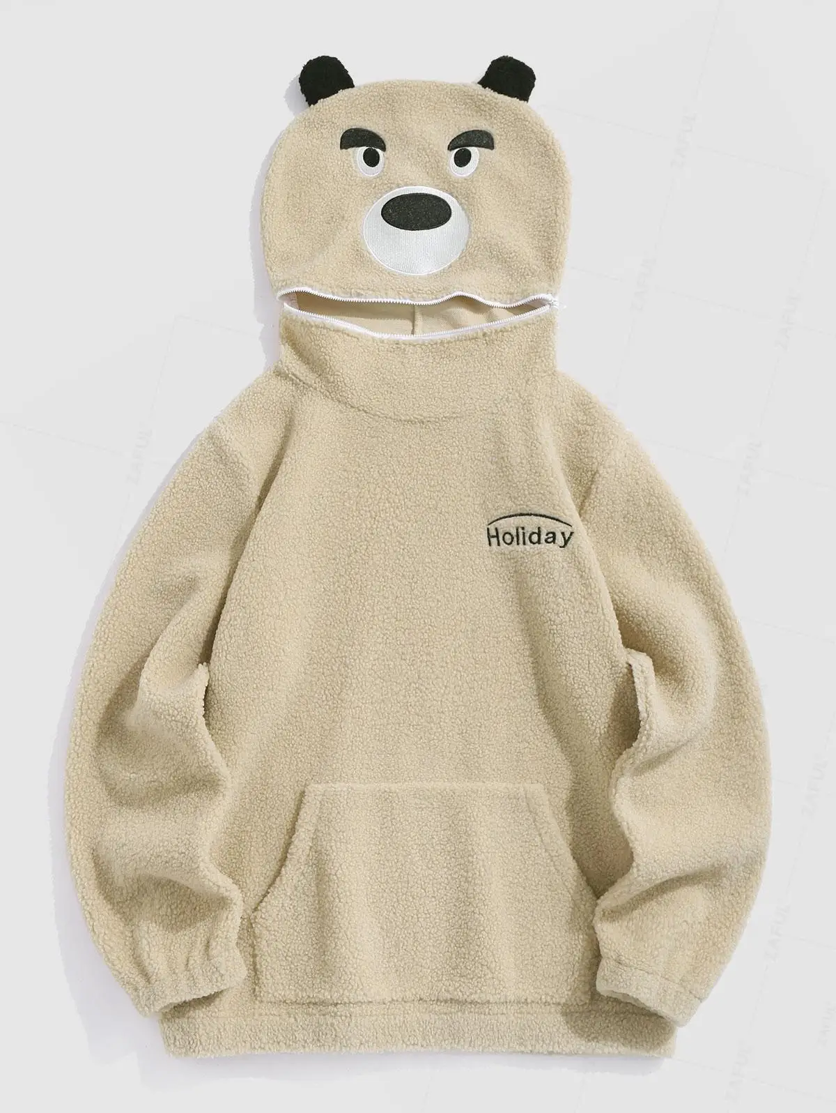 ZAFUL Zip Hooded Letter Embroidered Cartoon Bear Shape Faux Sherpa Fuzzy Hoodie