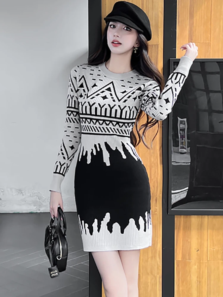 가을 겨울 레드 프린트 니트 긴팔 드레스 여성 우아한 바디콘 힙 랩 섹시 드레스 2025 한국 빈티지 페스티벌 드레스