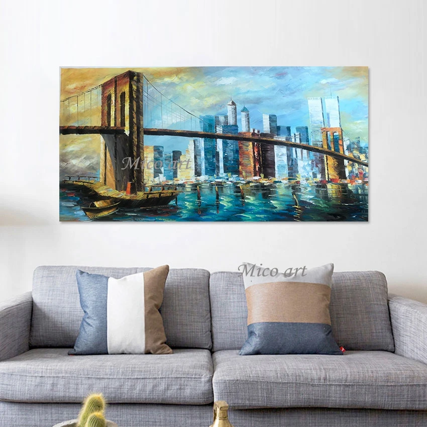 Bridge Scenery Abstract Decor Paintings Frameless Modern Canvas Poster 3D City Building Art Textured Hand Drawing Wall Picture