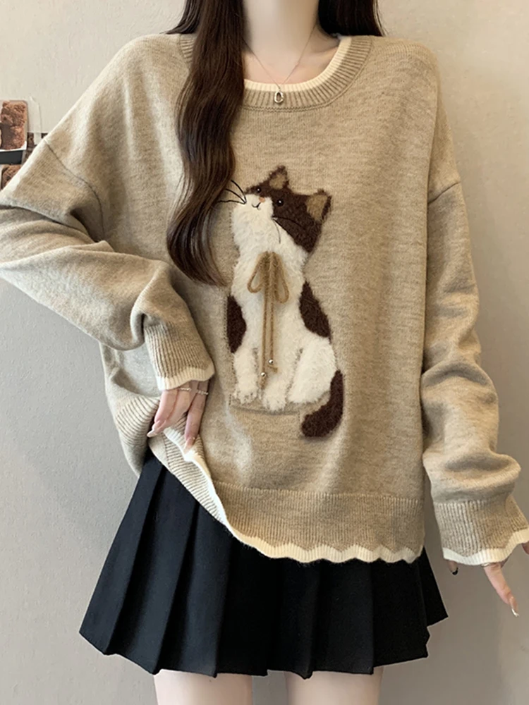 

Loose Long Sve round Ne Knitted Sweater plus Size Women's Autumn Winter Faion Cute Sle Casual Simple Design Inner Wear
