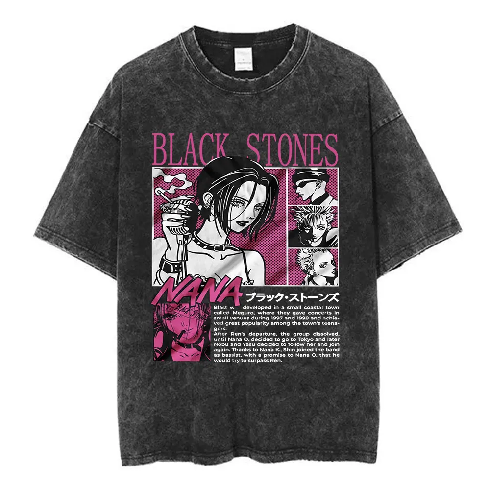 Japanese Anime Black Stones Nana Osaki Vintage Washed T-shirt Men Women Clothing Short Sleeve T-shirts 100% Cotton Loose T shirt