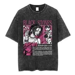 Japanese Anime Black Stones Nana Osaki Vintage Washed T-shirt Men Women Clothing Short Sleeve T-shirts 100% Cotton Loose T shirt