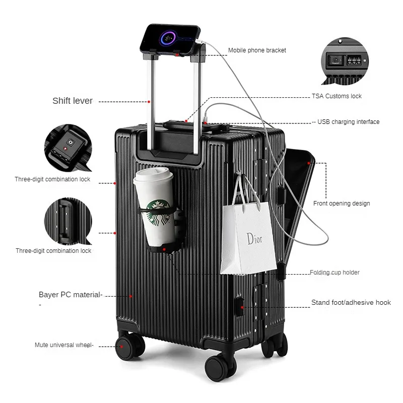 Front Opening Travel Suitcase on Wheels Aluminum Frame USB Travel Bag Large Capacity TSA Password Rolling Luggage Case