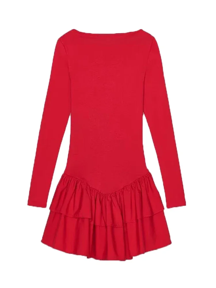 2025 verão nova moda feminina sólido em camadas mini vestidos elegante o pescoço manga longa magro babados vestido de festa streetwear