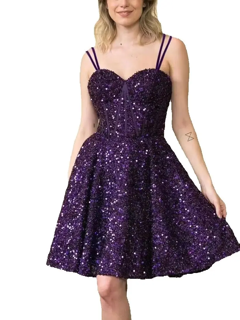 

Teens Sparkly Sequin Homecoming Dress Flowy Spaghetti Straps A-Line Short Formal Prom Dress with Pockets Graduation Dress