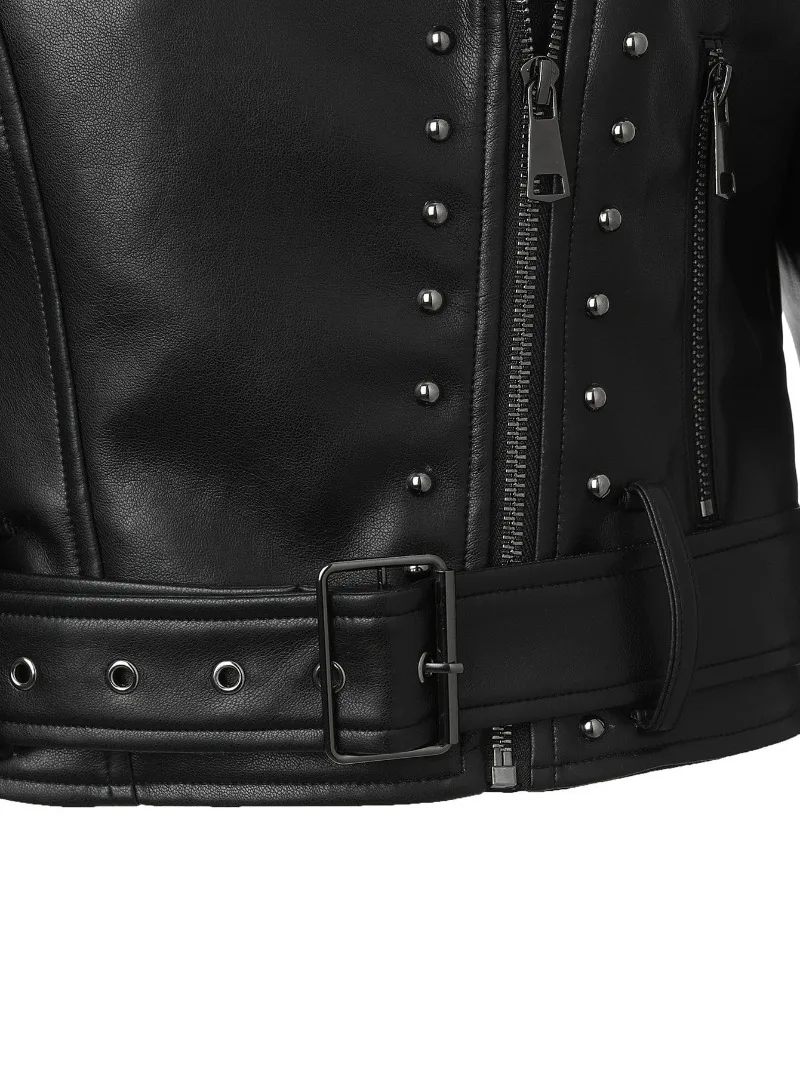 Jaqueta de couro preta de ajuste regular feminina high street moto biker jaqueta outono blusão punk rebite jaqueta bomber roupas femininas