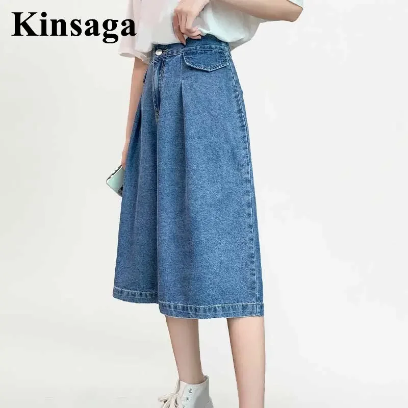 Women Street Pleated Loose Wide Leg Mid-calf Jeans Mom 4XL Summer Baggy Y2K Boyfriend Capri Elastic Waist Denim Bermuda Breeches