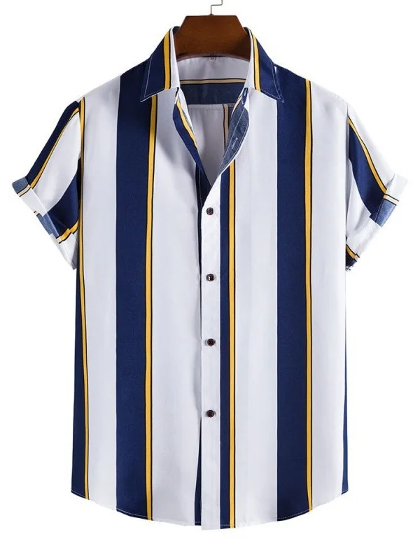 

Casual Striped Printed Short Sleeve Shirt Loose Fit Youthful Style Summer Fashion Basic Design Turn-down Collar Other Material