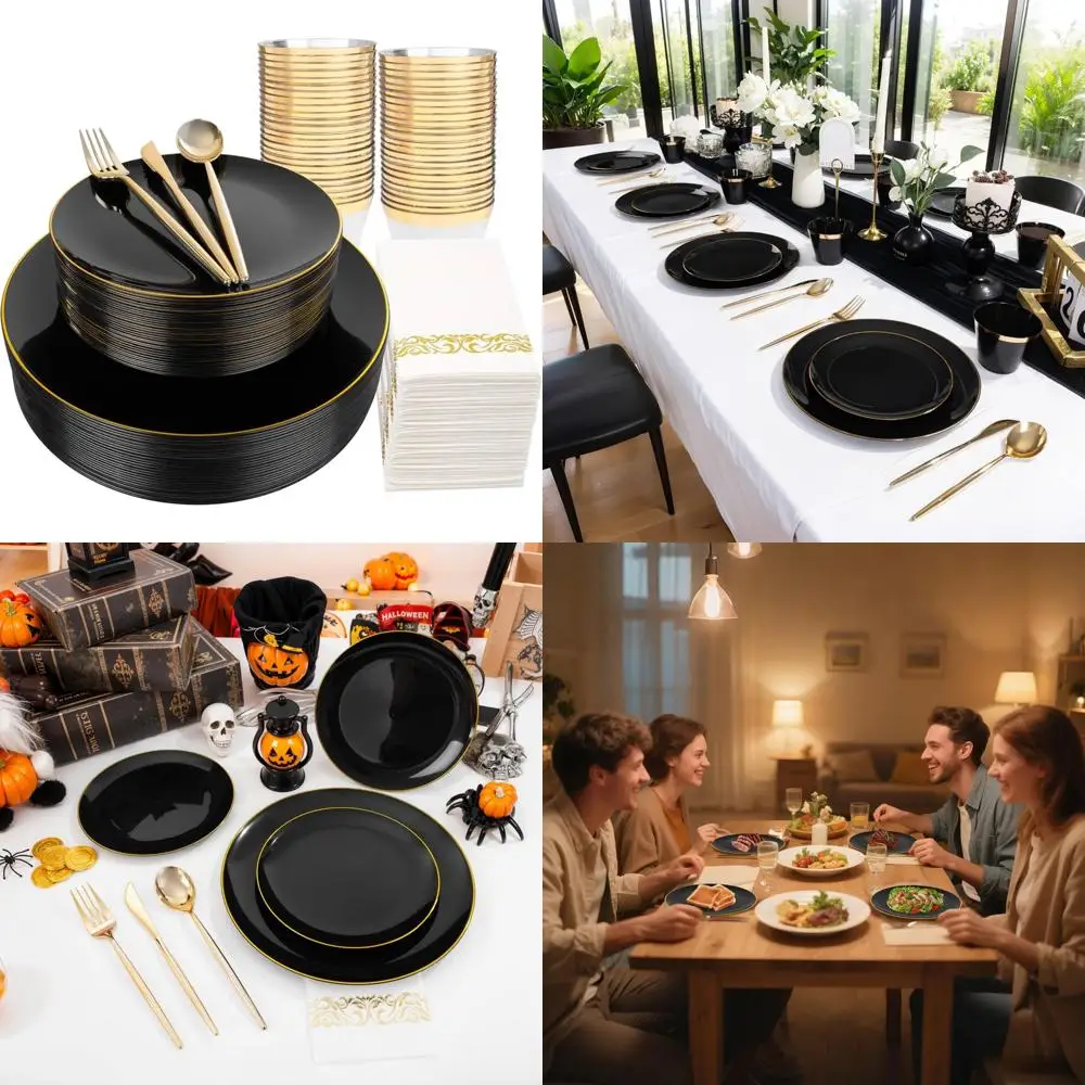 

Набор одноразовых тарелок черного и золотого цвета — 350 предметов, включая 30 ужина, десерт, чашки и многое другое для элегантных мероприятий