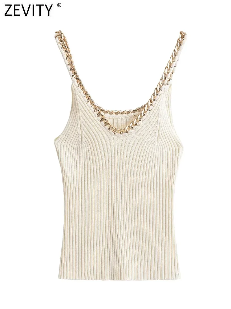 Zevity Women Chic Sexy V Neck Chain Design Solid Sling Camis Tank Lady Spaghetti Knitting Crop Vest Shirt Blouse Tops LS7102