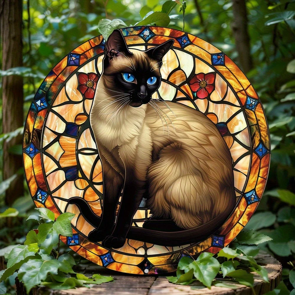 

Siamese Cat Metal Wall Art Decor, Round Aluminum Hanging Plaque - Art Deco Style, for Home Decoration, Gift for Cat Lovers