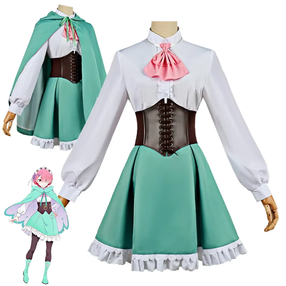 

Re:Zero Ram Cosplay Rem Costume Mint Green Cloak Dress Pink Skirt Adult Women Anime Halloween Carnival Roleplay Outfit Disguise
