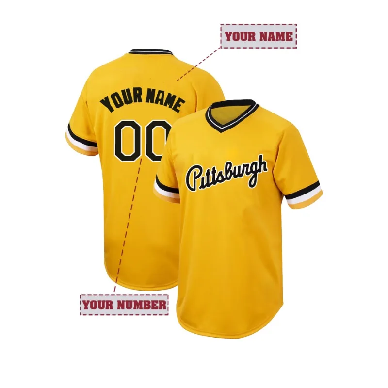 

Customized Name And Number Men's Embroidery Baseball Jersey Pittsburgh Yellow V-Neck Personalized Short Sleeve T-Shirts