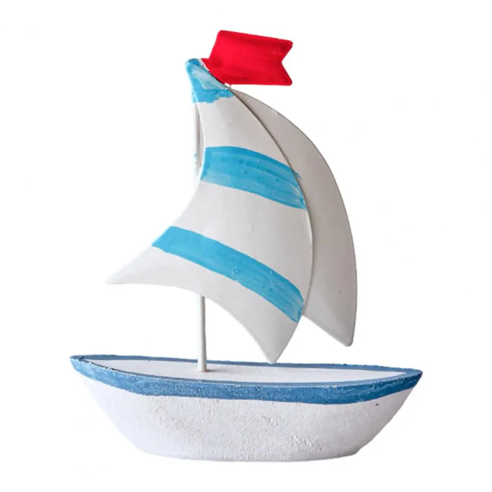 Sailboat Ornament, Wooden Iron Desktop Figure, Small Nautical Tabletop Decoration, Blue White Striped Lifebuoy Starfish Marine S