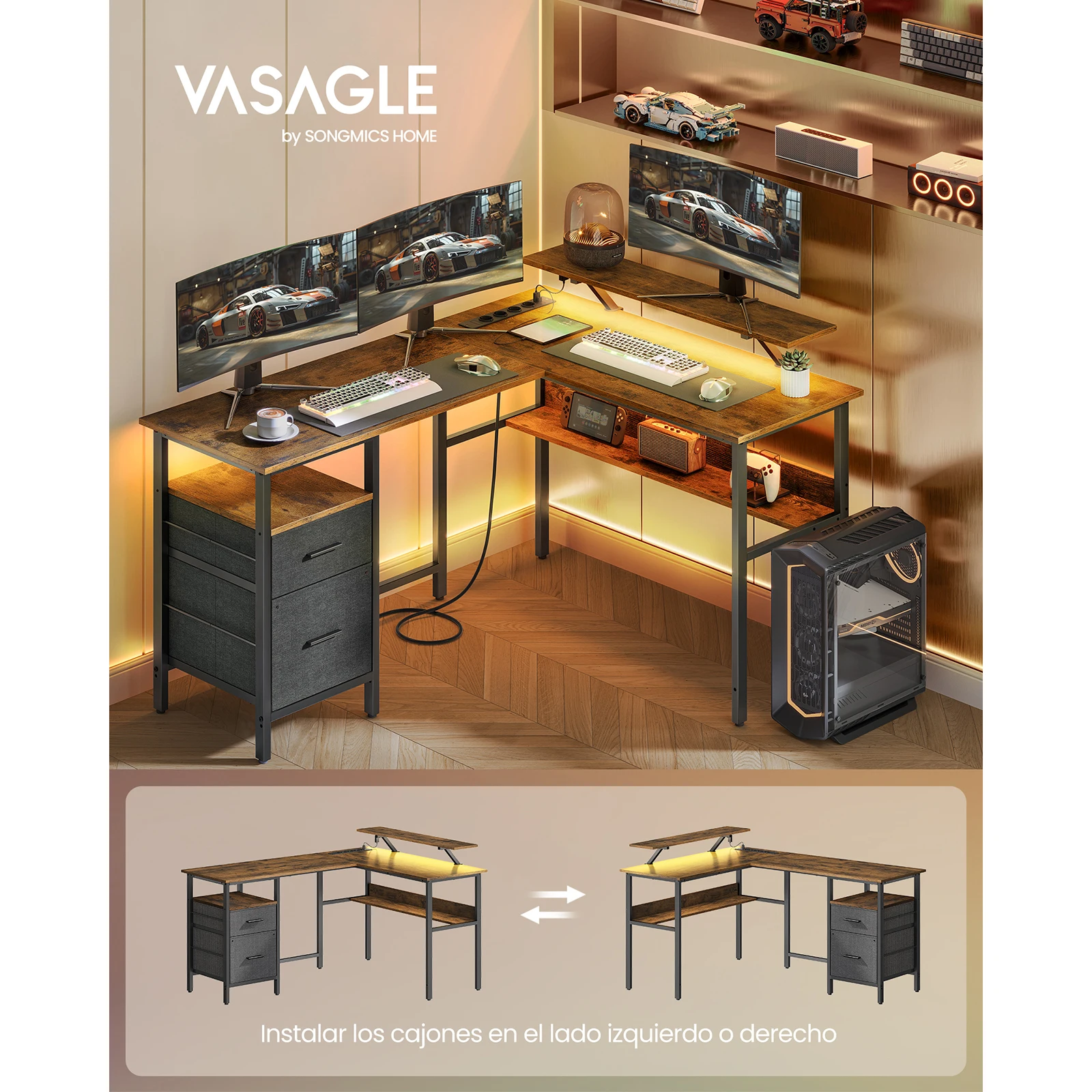 VASAGLE L-Shaped Gaming Desk: Power Outlets, Monitor Stand, LED Lights. 2 Drawers, Easy Assembly. Home Office. Rustic Brown.