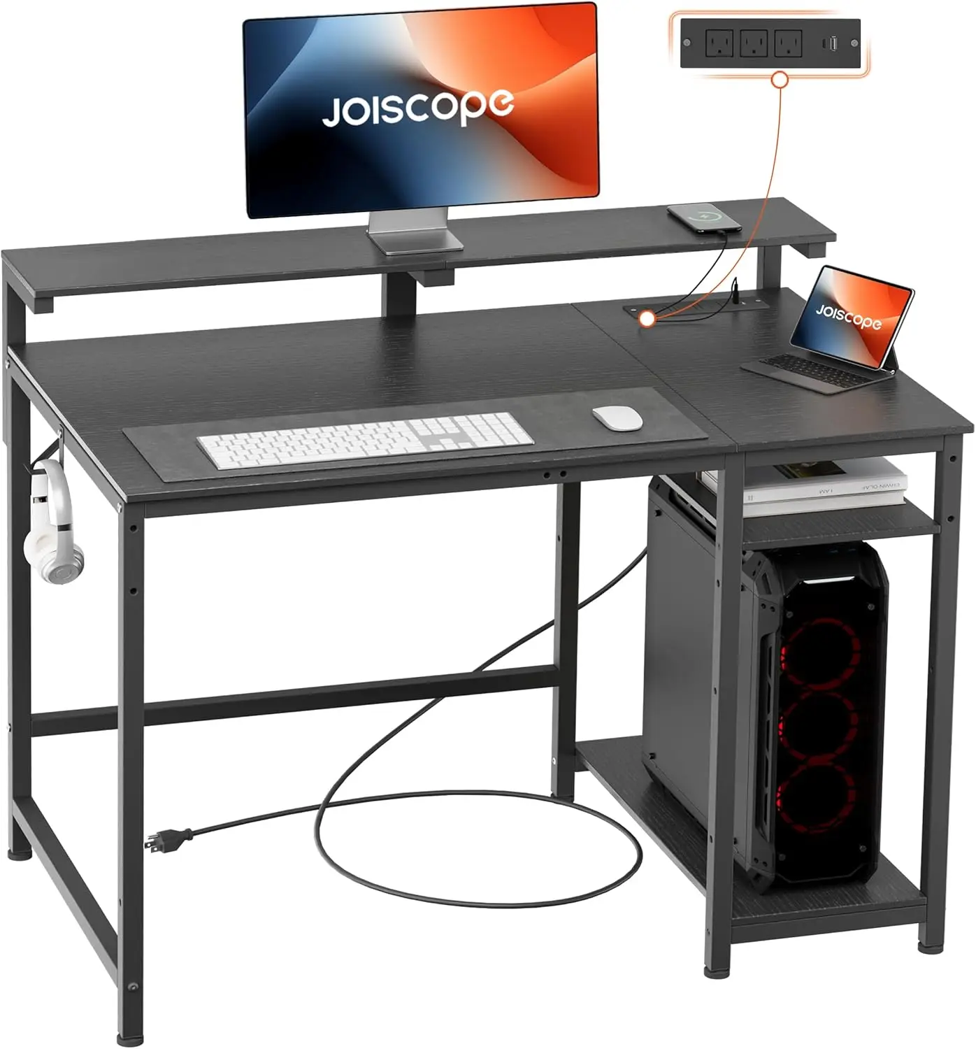 

Home Office Desk With Power Outlets (3Ac, Usb, Type-C), 40 × 20 H Computer Desk With Reversible Shelves, Laptop Table With