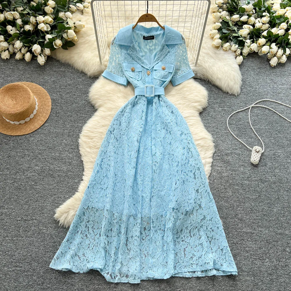 

2025 Summer Lapel Short-sleeve Women Dress Solid Color Lace Mesh Belt Long Dresses Casual French Holiday Dress