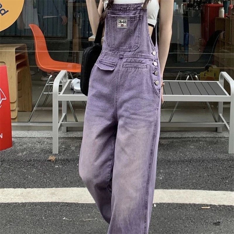 Women's High Waisted Straight Purple Jumpsuit Classic Vintage Overalls Fashion Girl Wide Leg Pants Female Baggy Rompers Trouser