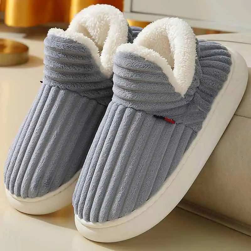 

Winter Couple Style Concise Solid Color Wrap Heels Plush Slippers Non-slip Warm Flip Flops Women Men Home Casual Cotton Shoes