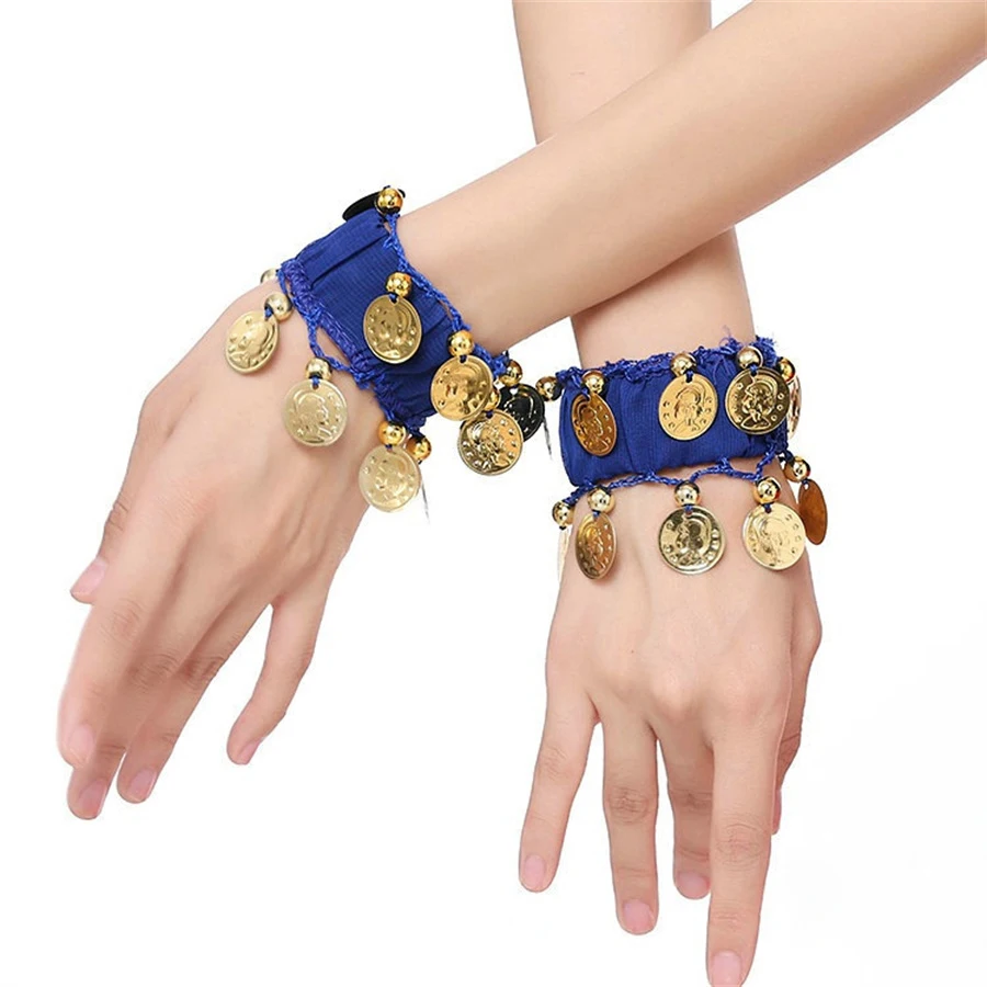 1 par/2 piezas de pulsera de danza del vientre de gasa con monedas, tobillera elástica para danza del vientre
