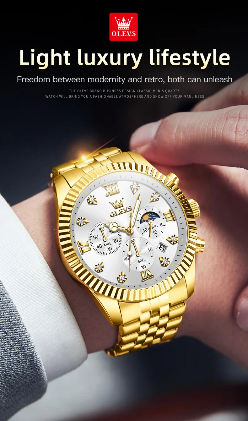 OLEVS 2932 High End Men's Watch Classic Lunar Phase Waterproof Stainless Steel Chronograph Watch Luxury Brand Quartz Men's Watch