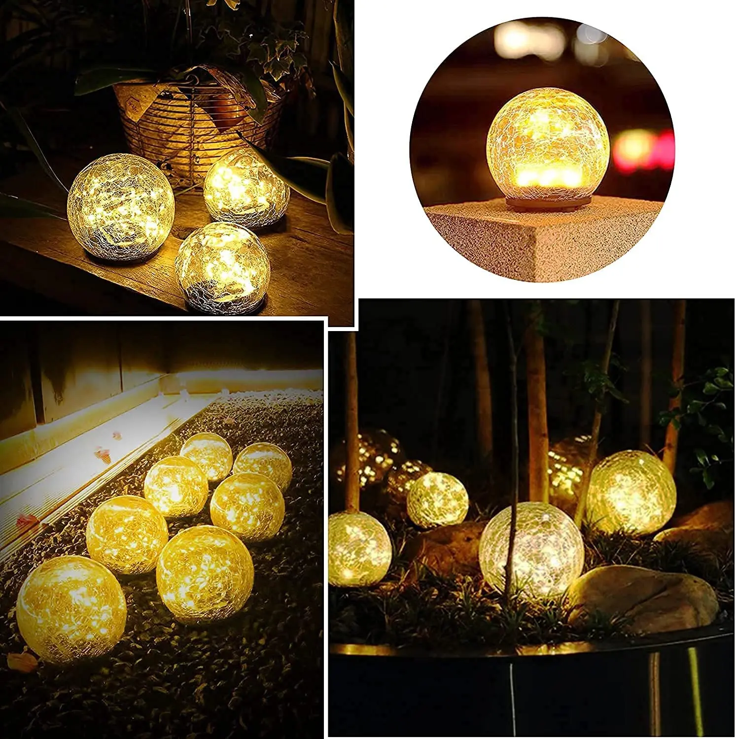 Garden Solar Lights Cracked Glass Ball Waterproof Warm White LED for Outdoor Decor Decorations Pathway Patio Yard Lawn