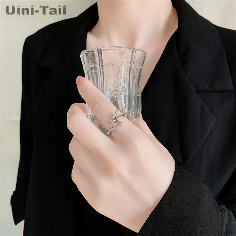 Uini-Tail Hot Selling New 925 Tibetan Silver Exquisite Hummingbird Branch Open Ring Fashion Trend Dynamic High Quality Jewelry