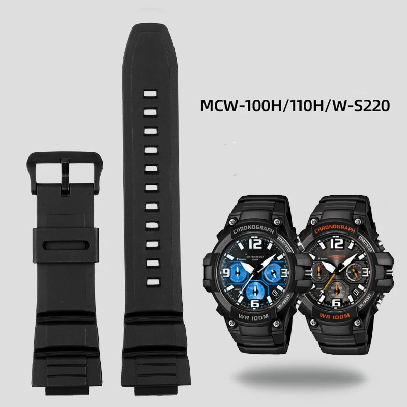 Silicone Watch Band Strap For Casio W-S220 HDD-S100 MCW-100H/110H Outdoor Sports Black 16mm Watchband Waterproof Rubber Bracelet