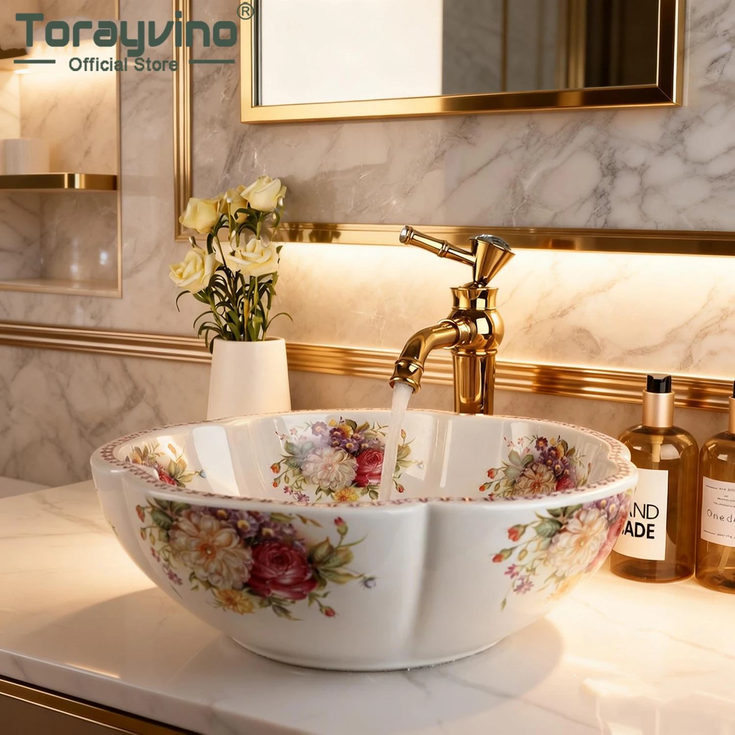 

Комплект смесителя для раковины Torayvino: керамическая раковина-чаша с дизайном «Пион» и смесителем, а также сливной клапан