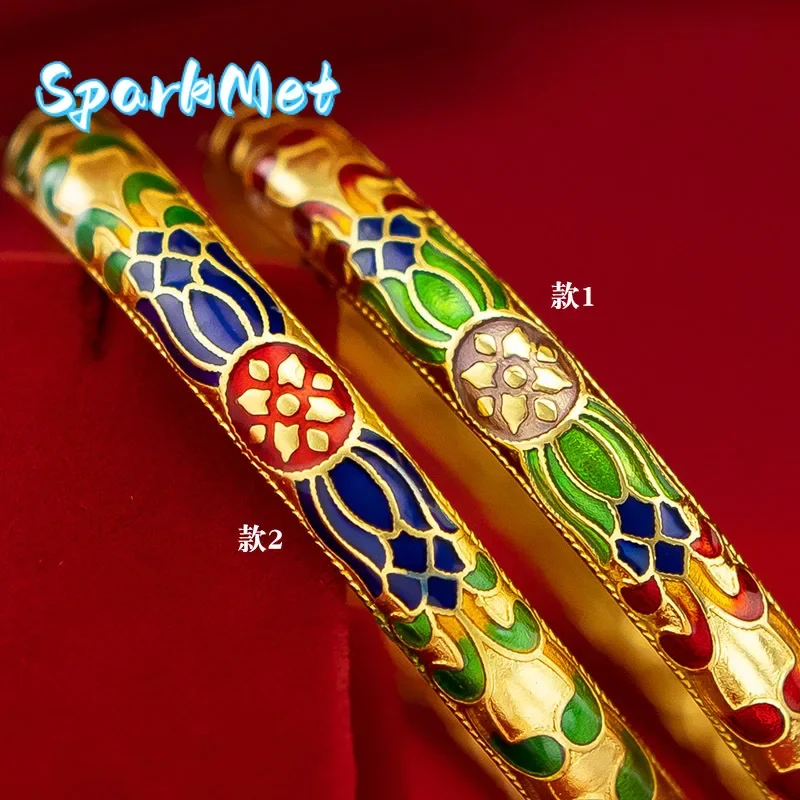 

Браслет Sparkmet в ретро-этническом стиле для женщин, из настоящего золота 9999 пробы (24K), с синей эмалью и узором