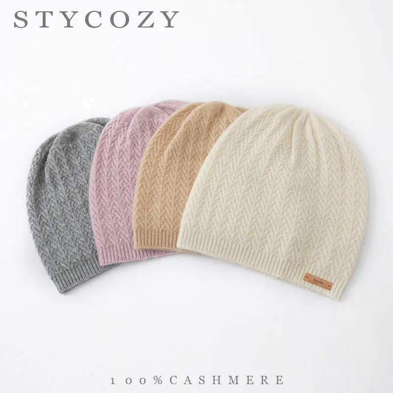 100%Cashmere Cable Knit Beanie Women Chevron Textured Rib Cuff Winter Hat Unisex Soft Solid Color Skull Cap Outdoor Warm Bonnet